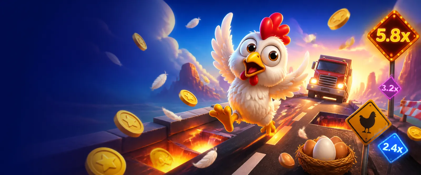 Dynamic banner featuring a playful chicken crossing the road theme with coins, feathers, and bright colors.